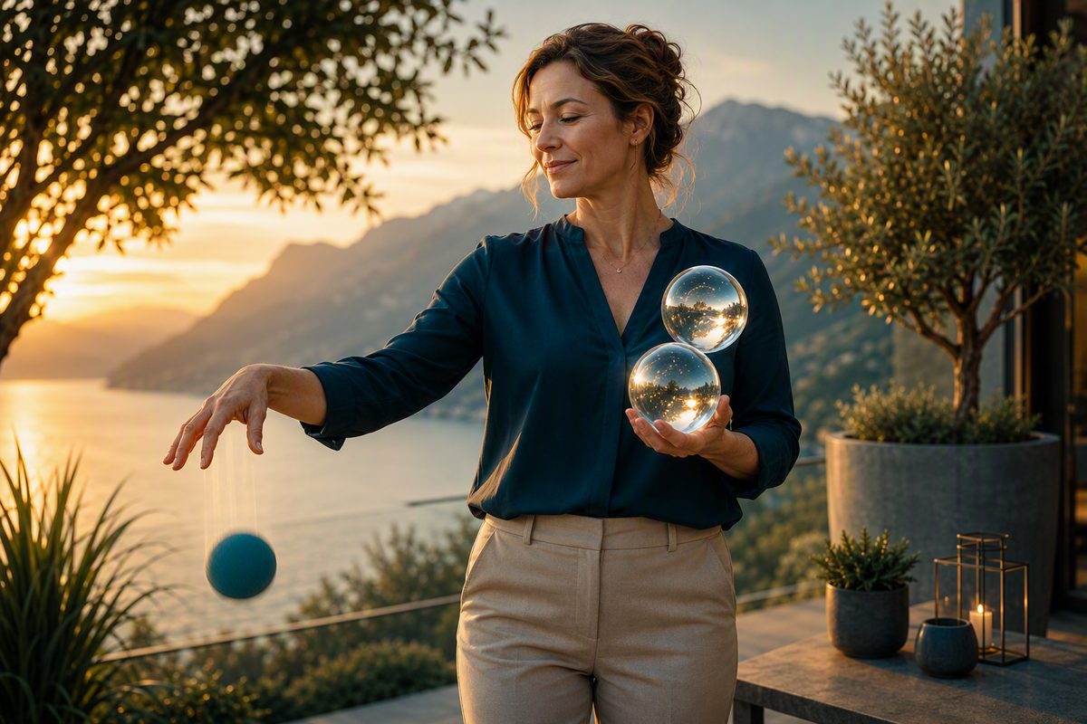 Illustration: Eine Frau hält zwei Glaskugeln und lässt einen Gummiball fallen