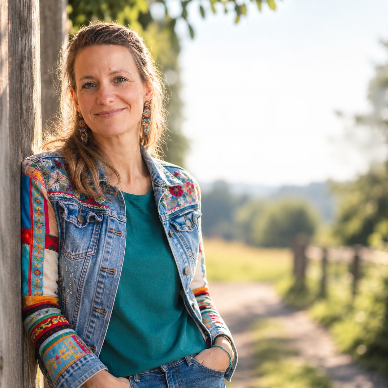 Stephanie Wille lehnt draußen an einem Holzpfosten, im Hintergrund ein Feldweg